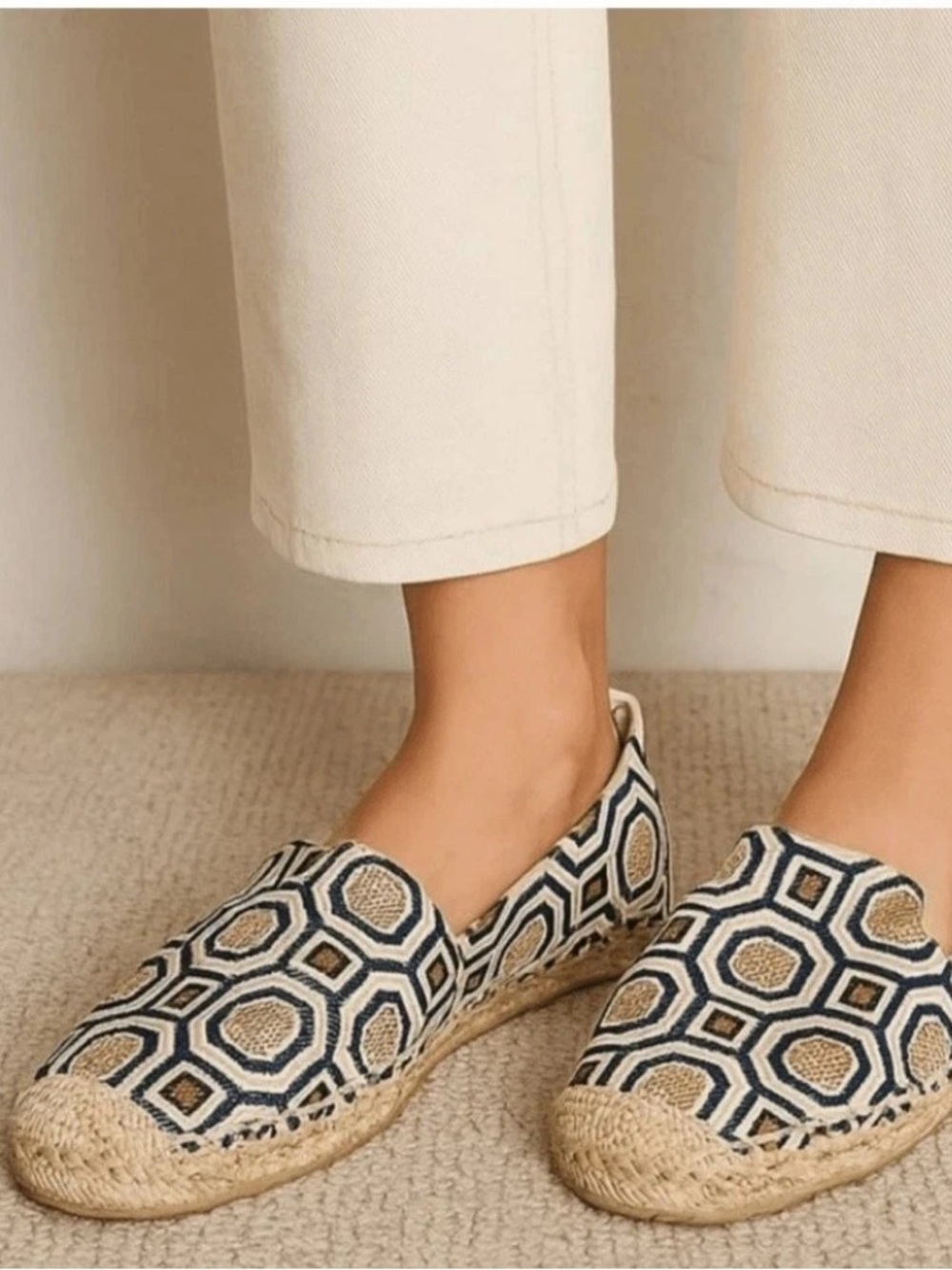 Geometric Espadrille Slip-Ons in Navy and Tan
